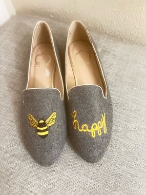 C. Wonder Gray Felt Slip-On Flats with Yellow Bee Embroidery